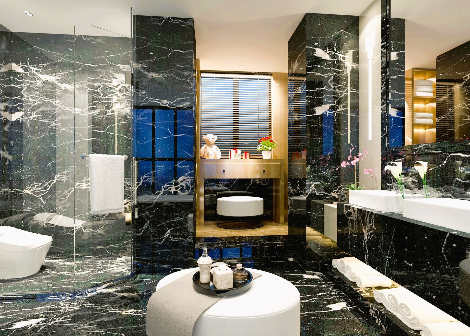 Spa bathroom with black marble walls, glass shower, and modern vanity