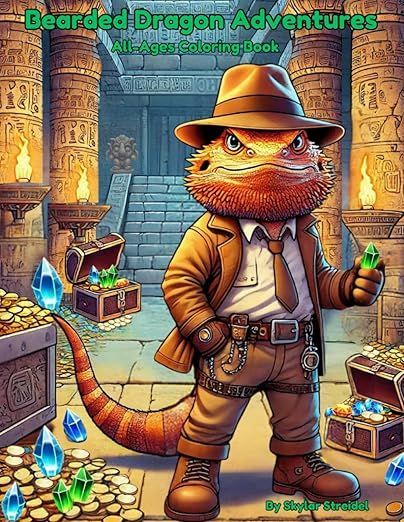 A bearded dragon wearing a hat and tie is holding a green crystal.