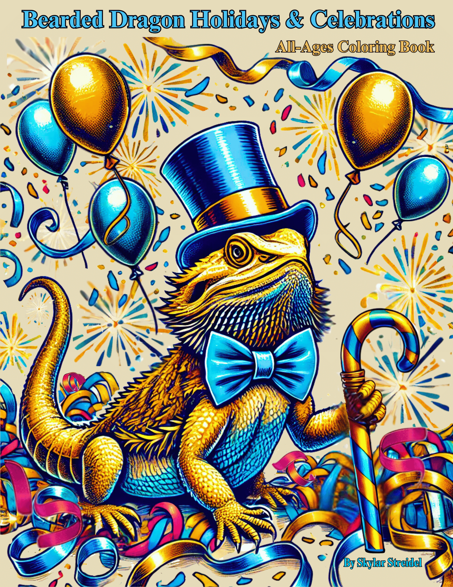 A bearded dragon wearing a top hat and bow tie is holding a candy cane.