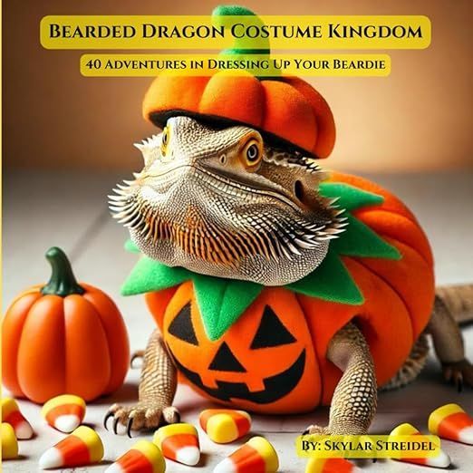 A bearded dragon wearing a pumpkin costume surrounded by candy corn
