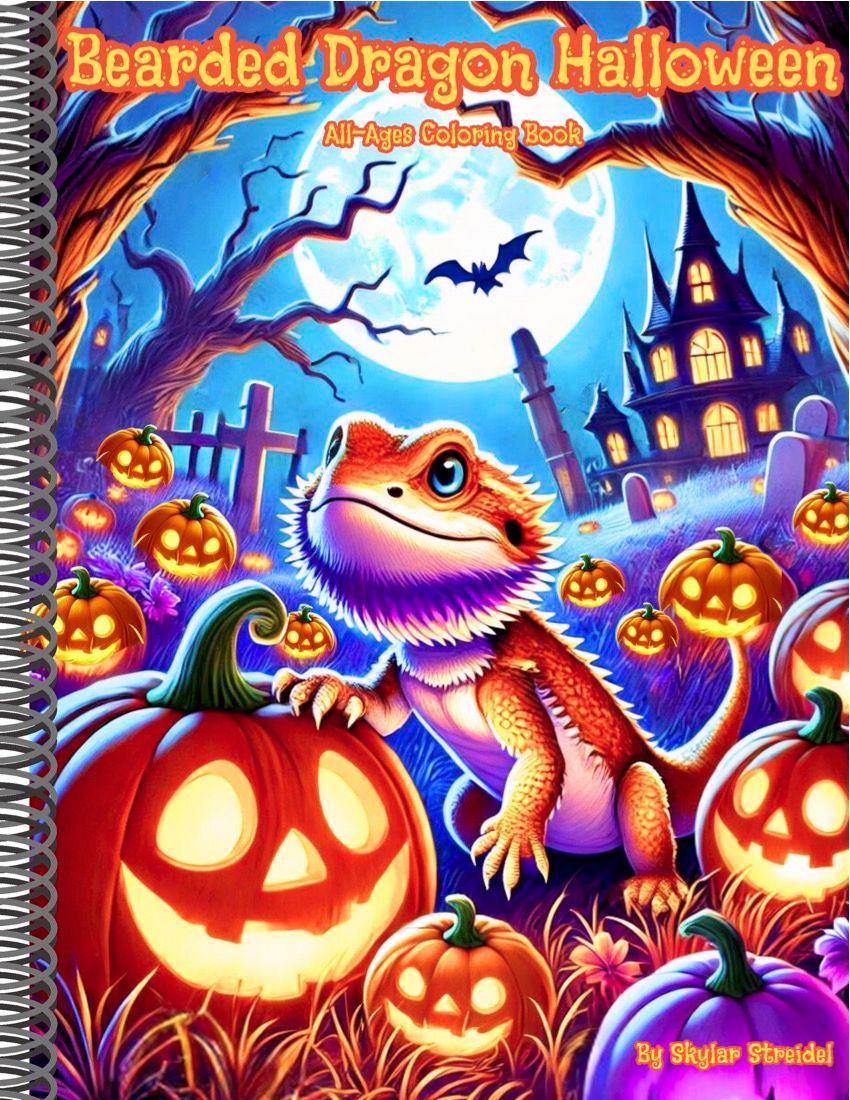 A bearded dragon is standing in a field of pumpkins.