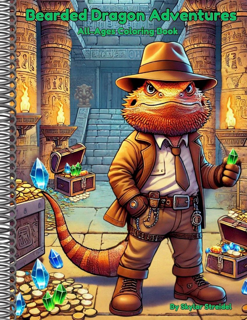 A bearded dragon wearing a hat and tie is holding a green crystal.