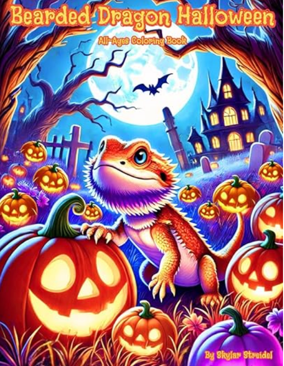 A bearded dragon is surrounded by pumpkins in a halloween coloring book