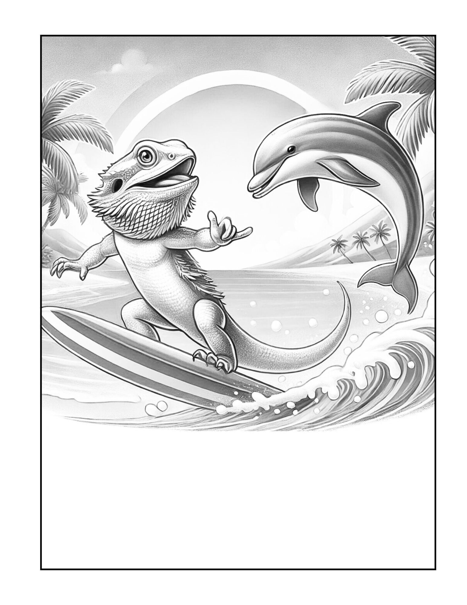 A black and white drawing of a lizard riding a surfboard next to two dolphins.