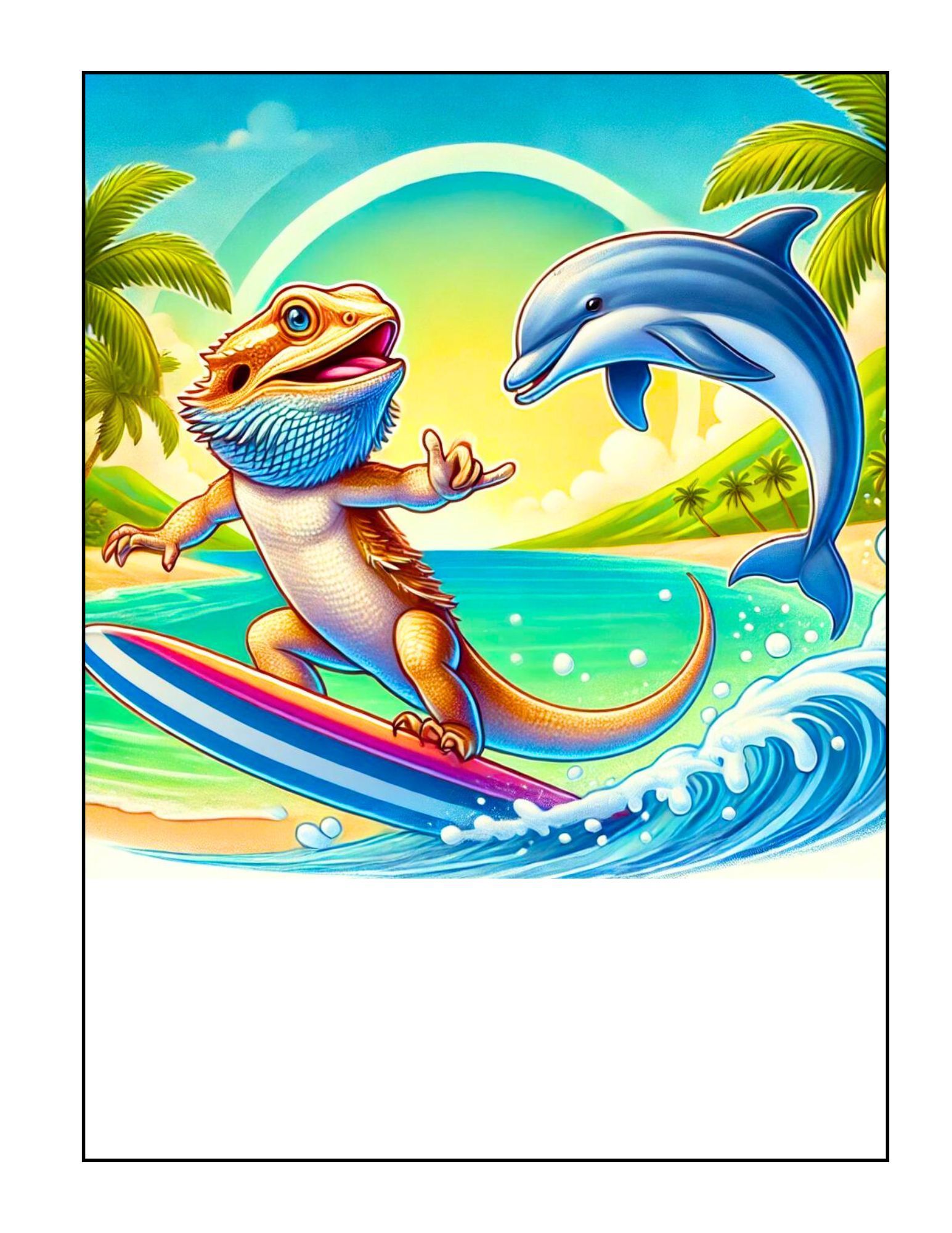 A bearded dragon is riding a surfboard next to a dolphin.