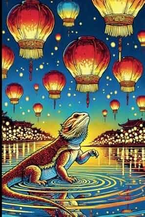 A bearded dragon is standing in the water surrounded by lanterns.
