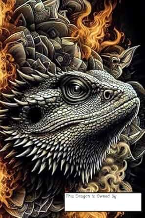 A bearded dragon is surrounded by flames in a painting.