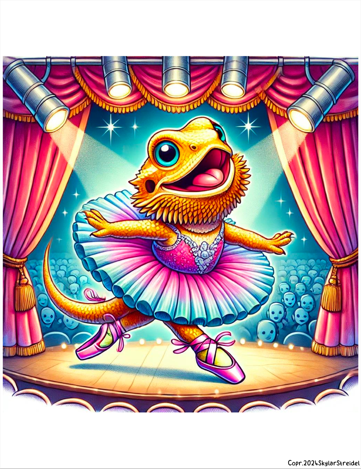 A bearded dragon is dressed as a ballerina on a stage.