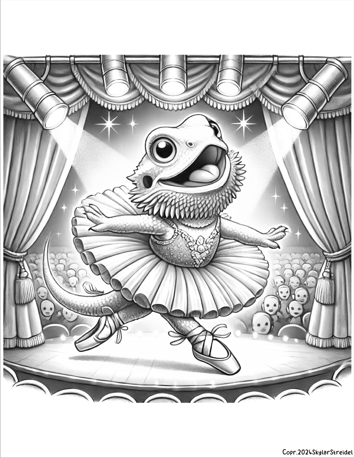 A black and white drawing of a lizard dressed as a ballerina on a stage.