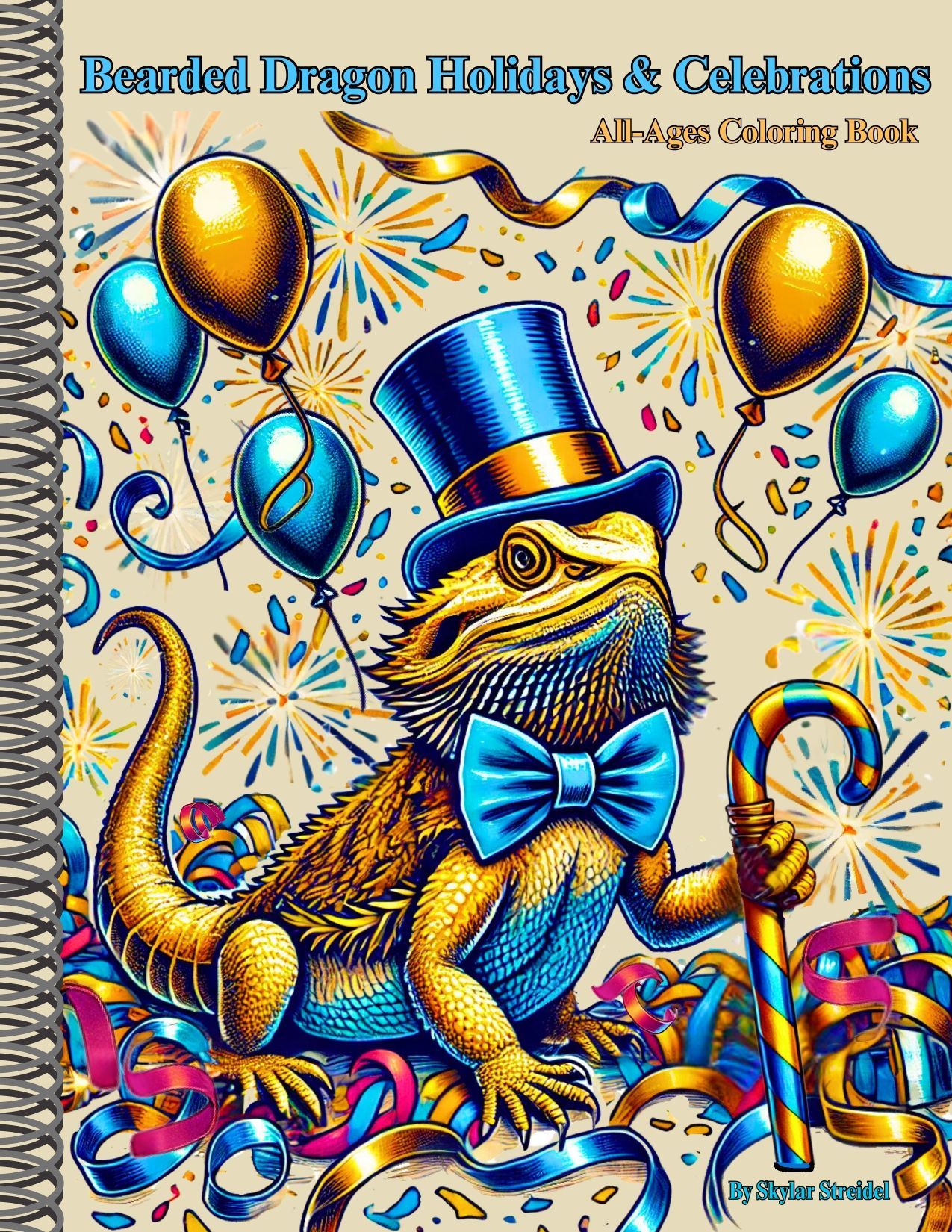 A bearded dragon wearing a top hat and bow tie is holding a candy cane.