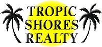 Tropic Shores Realty logo with yellow text and black palm trees on a white background