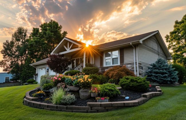 Sunlit suburban house with landscaped garden and glowing sunset sky