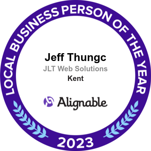 A local business person of the year badge for jeff thungc
