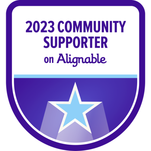 A purple shield with a blue star on it that says 2023 community supporter on alignable