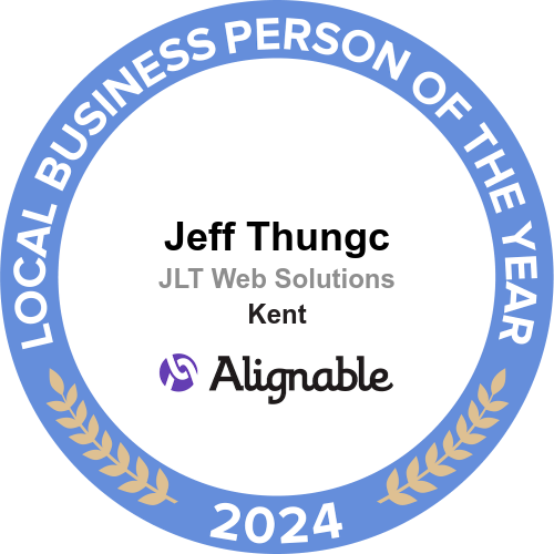A sticker that says local business person of the year