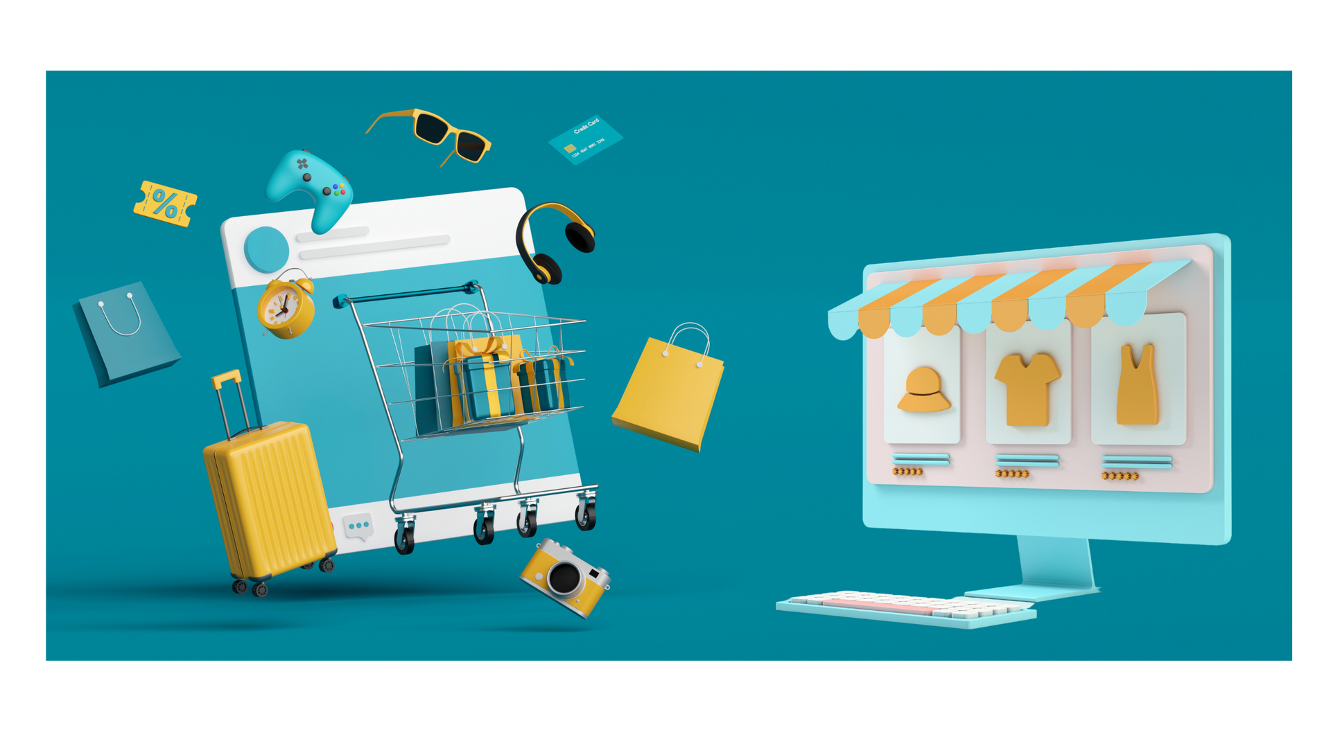 A computer screen with a shopping cart on it and a computer screen with a store on it.