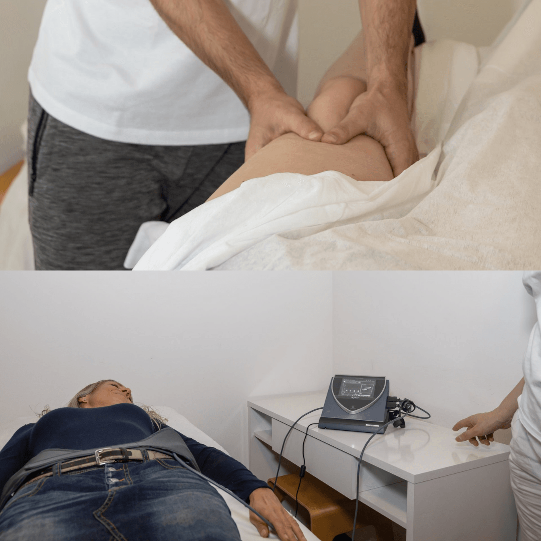 Massaggiatore che lavora sulla gamba. Paziente che riceve il trattamento con il dispositivo, sdraiato sul lettino.