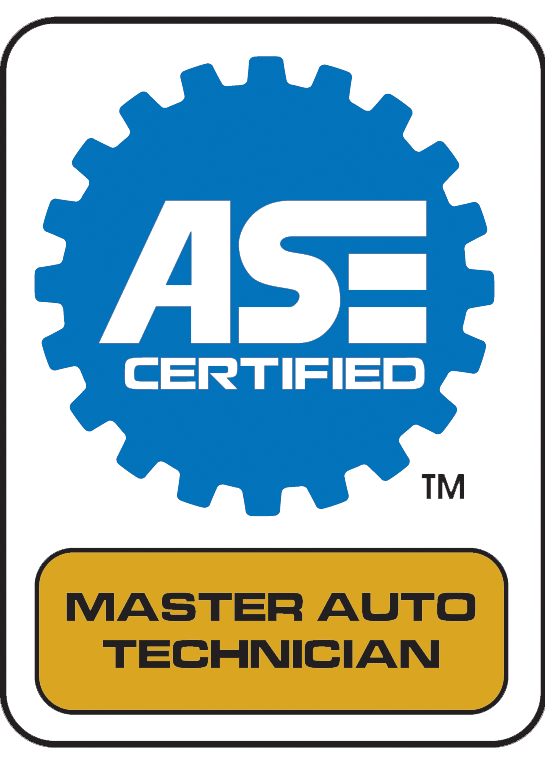 ASE Certified Master Auto Technician logo: blue gear, white ASE, gold banner.