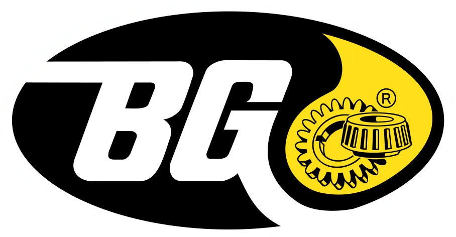 BG logo with white letters on a black oval, a yellow flame shape, and a gear icon.