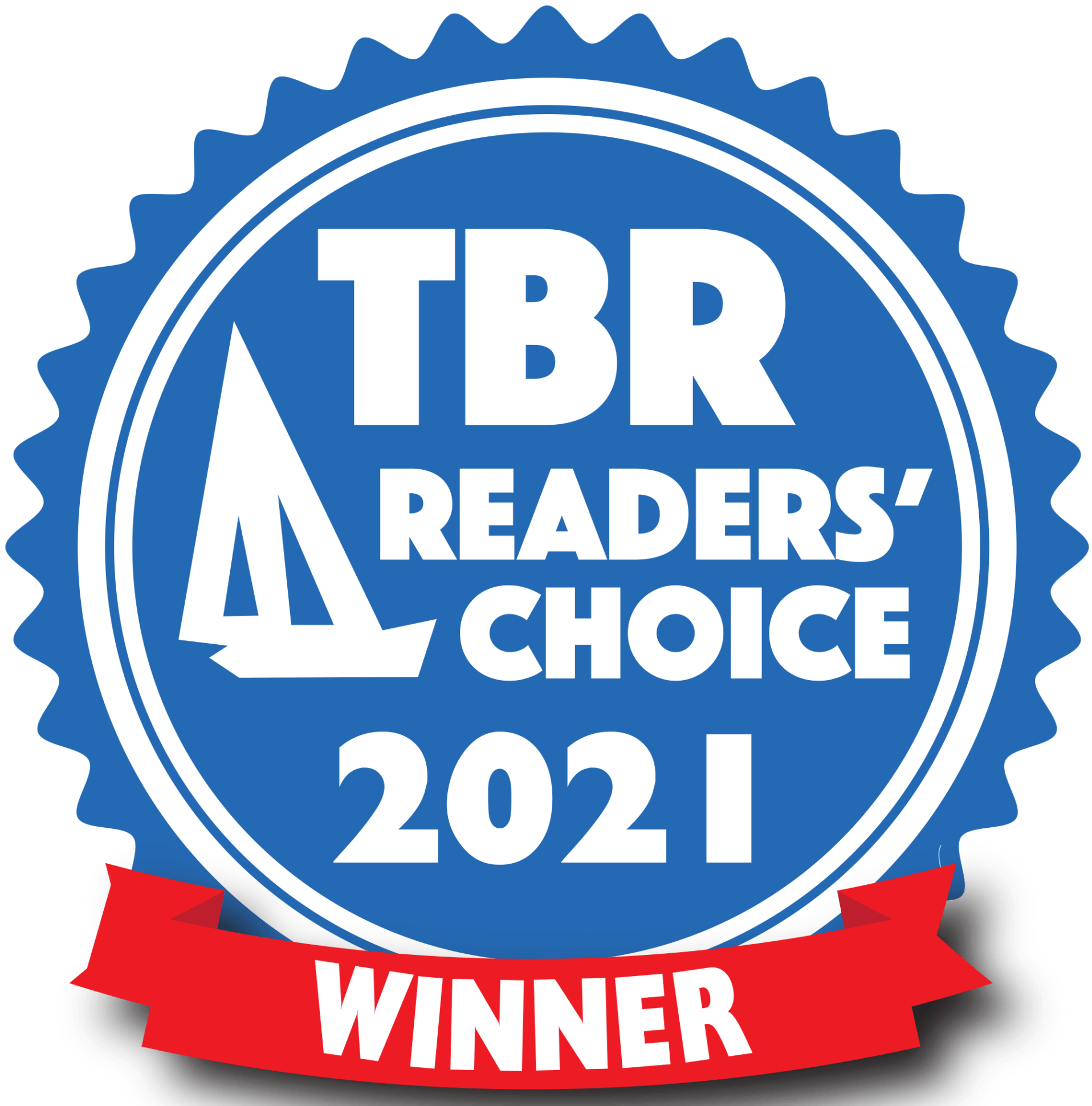 Blue and white TBR Readers' Choice 2021 Winner seal with a red banner.