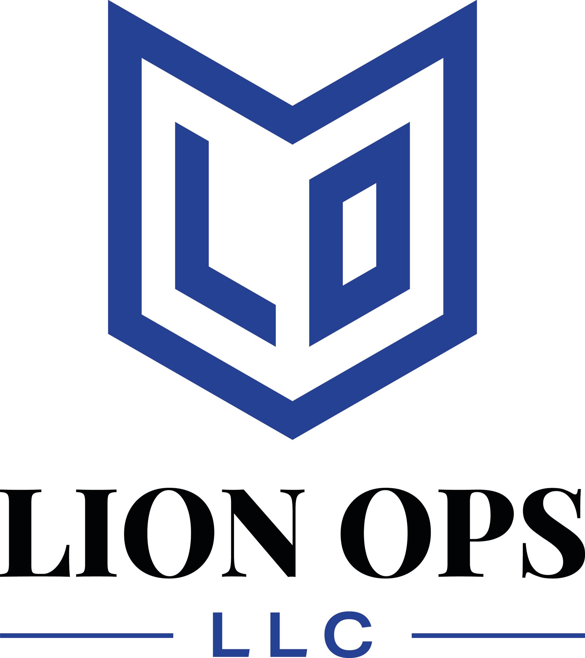 A blue and white logo for lion ops llc.