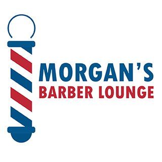 Morgan's Barber Lounge logo with barber pole, blue, red and white stripes, text "Morgan's Barber Lounge"
