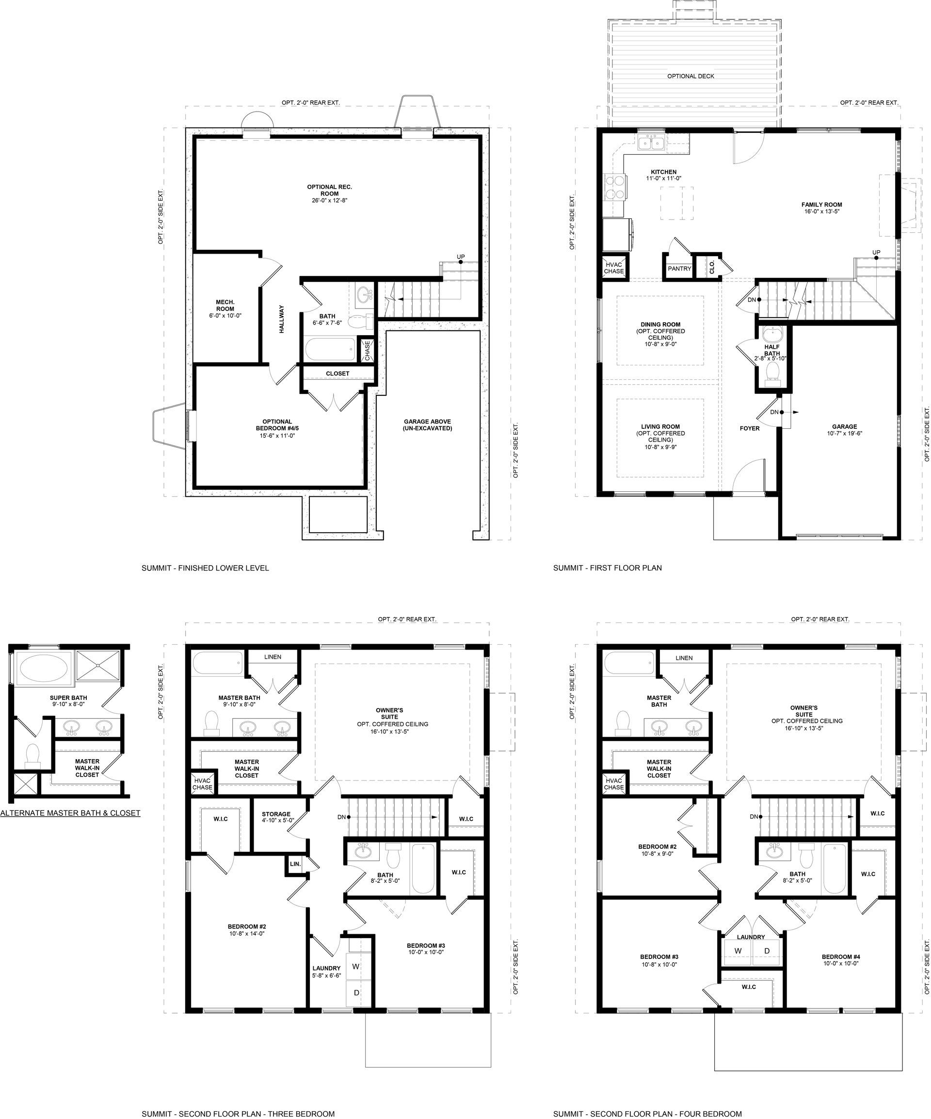 A set of four floor plans for a house.