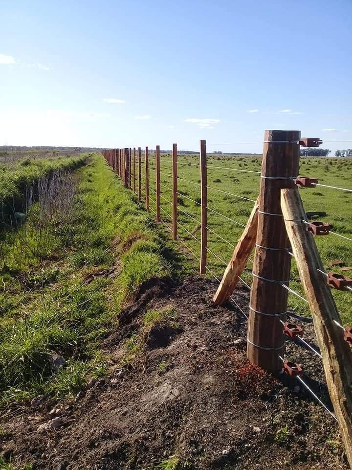 Una valla rural con postes de madera y alambres que corre a lo largo de un campo de hierba bajo un cielo azul.
