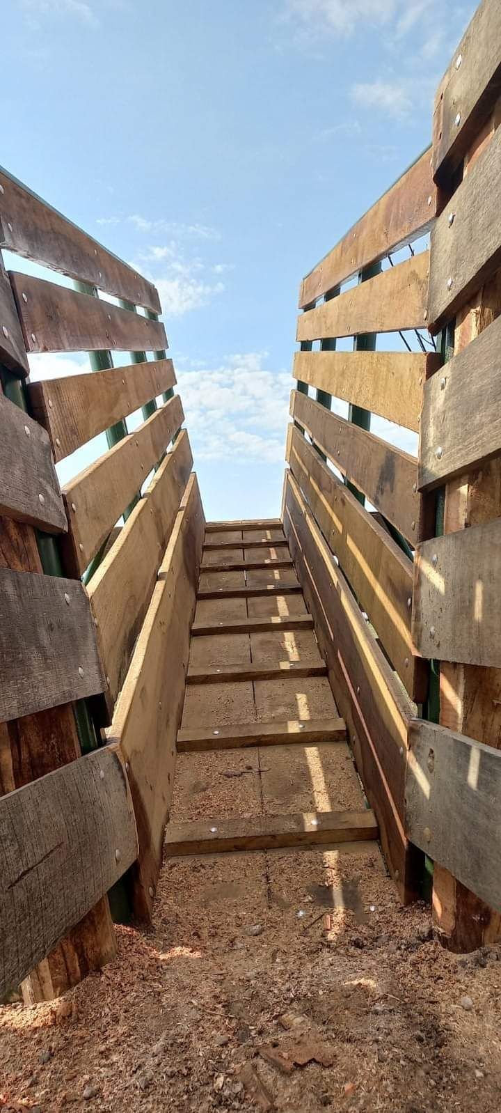 Escaleras de madera flanqueadas por paredes, que conducen hacia un cielo azul.