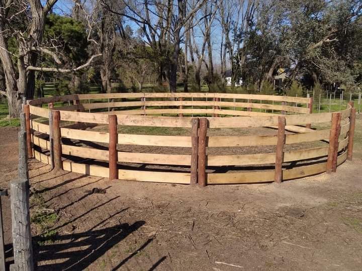 Corral redondo de madera en entorno exterior, utilizado para el entrenamiento de caballos.