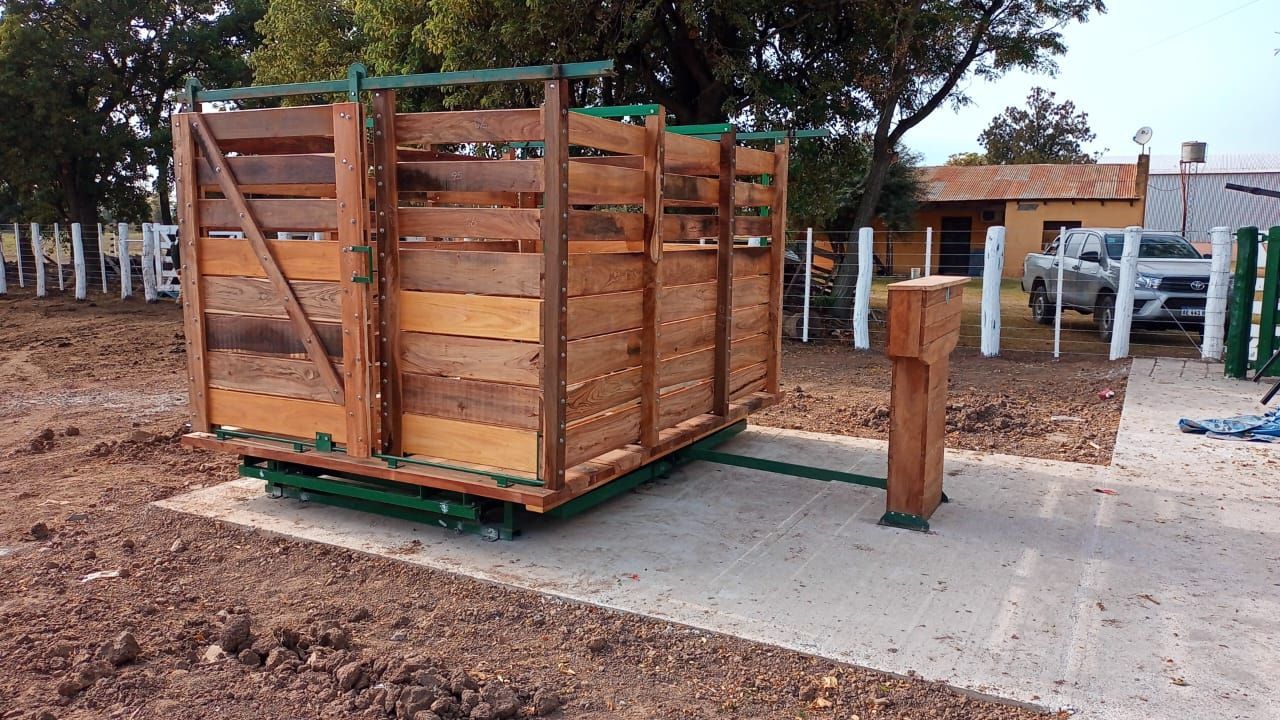 Báscula de madera para ganado sobre plataforma de hormigón, al aire libre. Estructura metálica