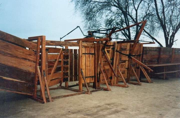 Conducto de madera para ganado y corrales de retención, probablemente en una granja o rancho, con un fondo exterior neutro.