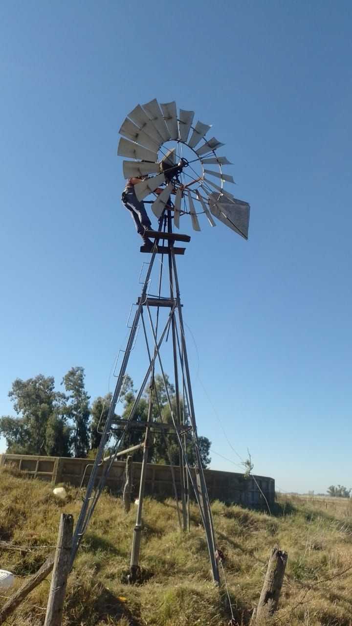 Molino de viento con estructura metálica contra un cielo azul claro.