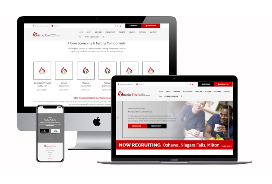 a computer monitor a cell phone and a laptop all showing a website for firefighter services of ontario