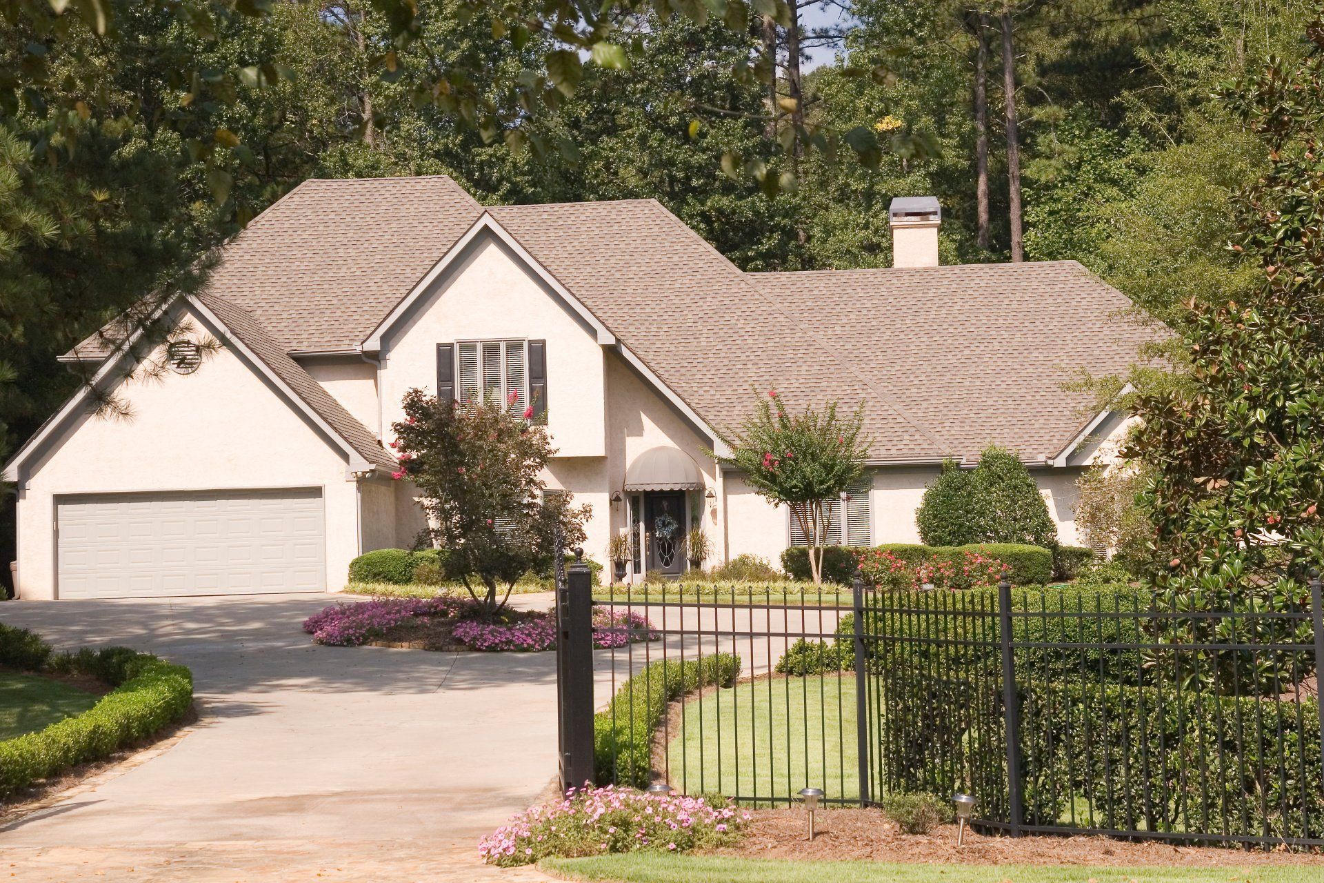 Lush green trees and bushes surrounding a cozy suburban home.