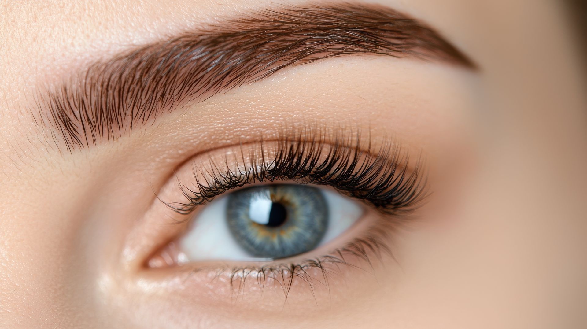 Close-up of an eye with long, dark lashes and a well-groomed brown eyebrow. The eye is blue.