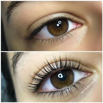 Top: brown eye with short lashes. Bottom: the same eye with long, dark, curled lashes.
