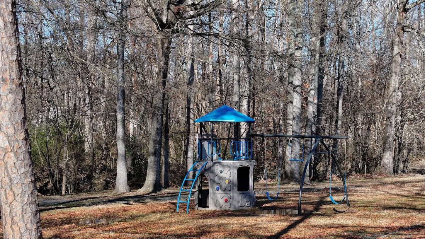 A playground in the middle of a forest with trees without leaves.