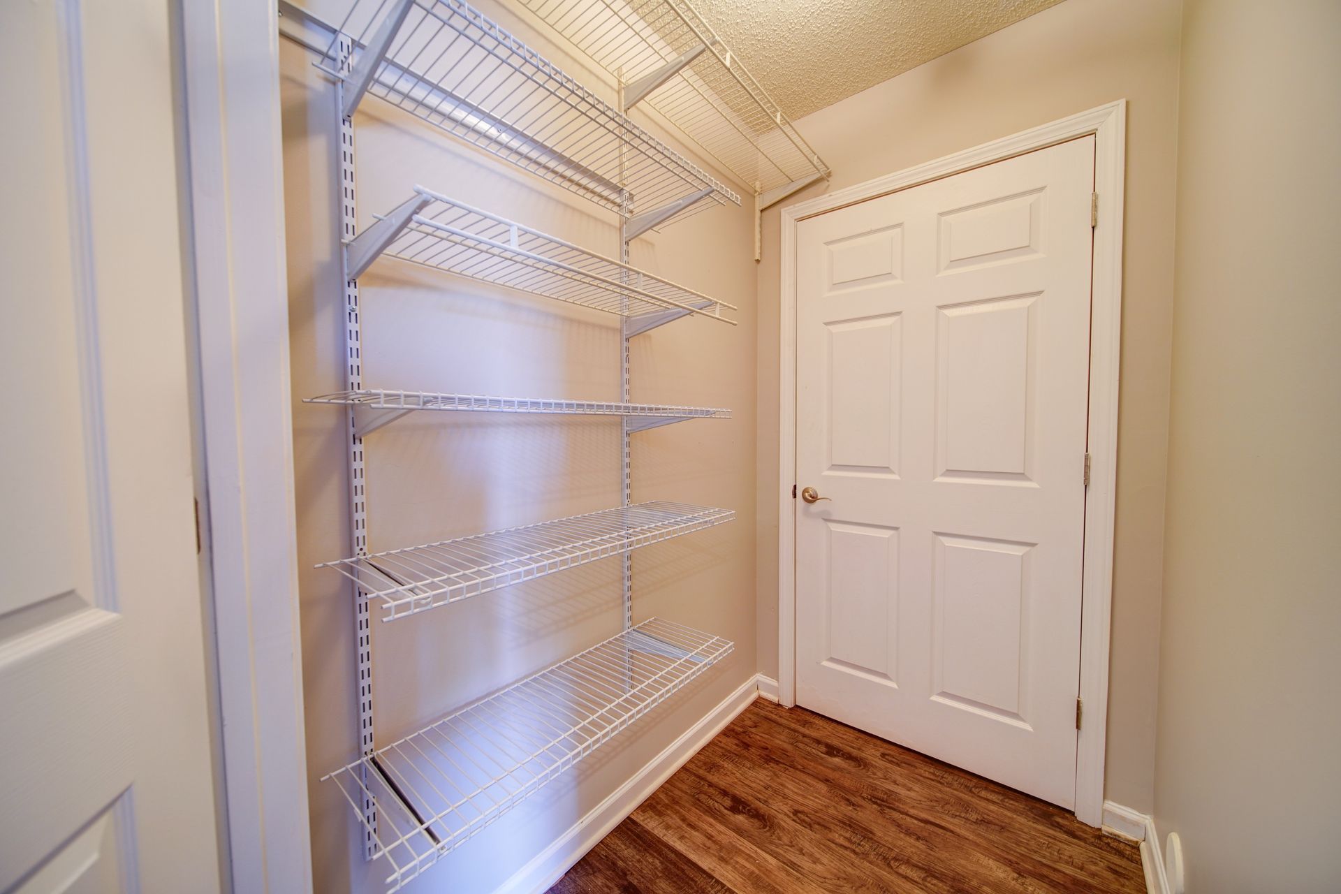 A closet with shelves and a door in a house.