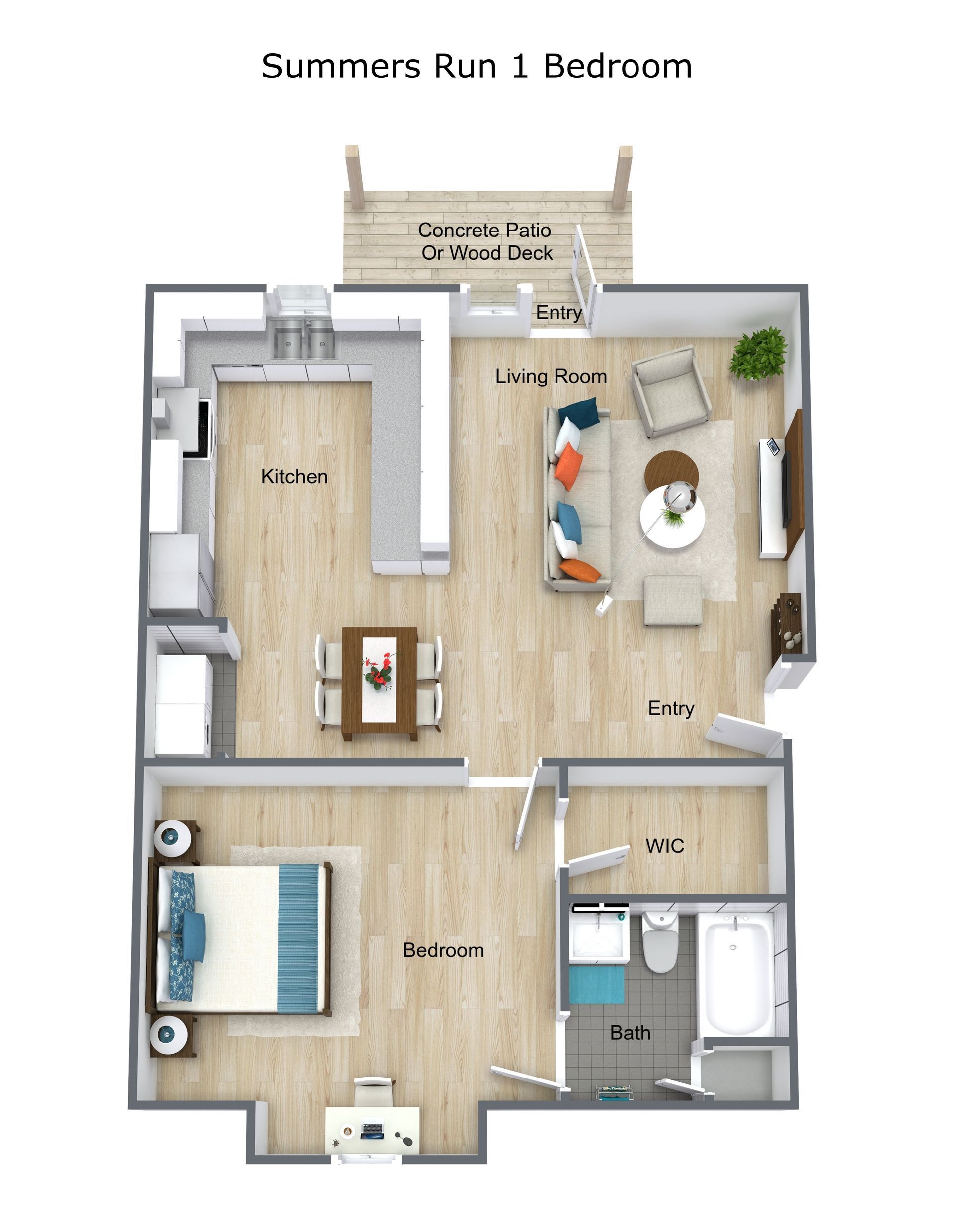 A 3d floor plan of a bedroom apartment with a balcony.