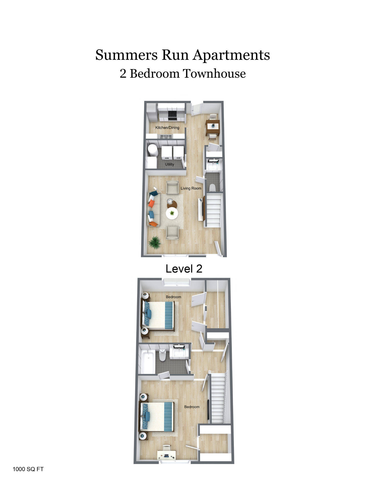 A 3d floor plan of a 2 bedroom townhouse.