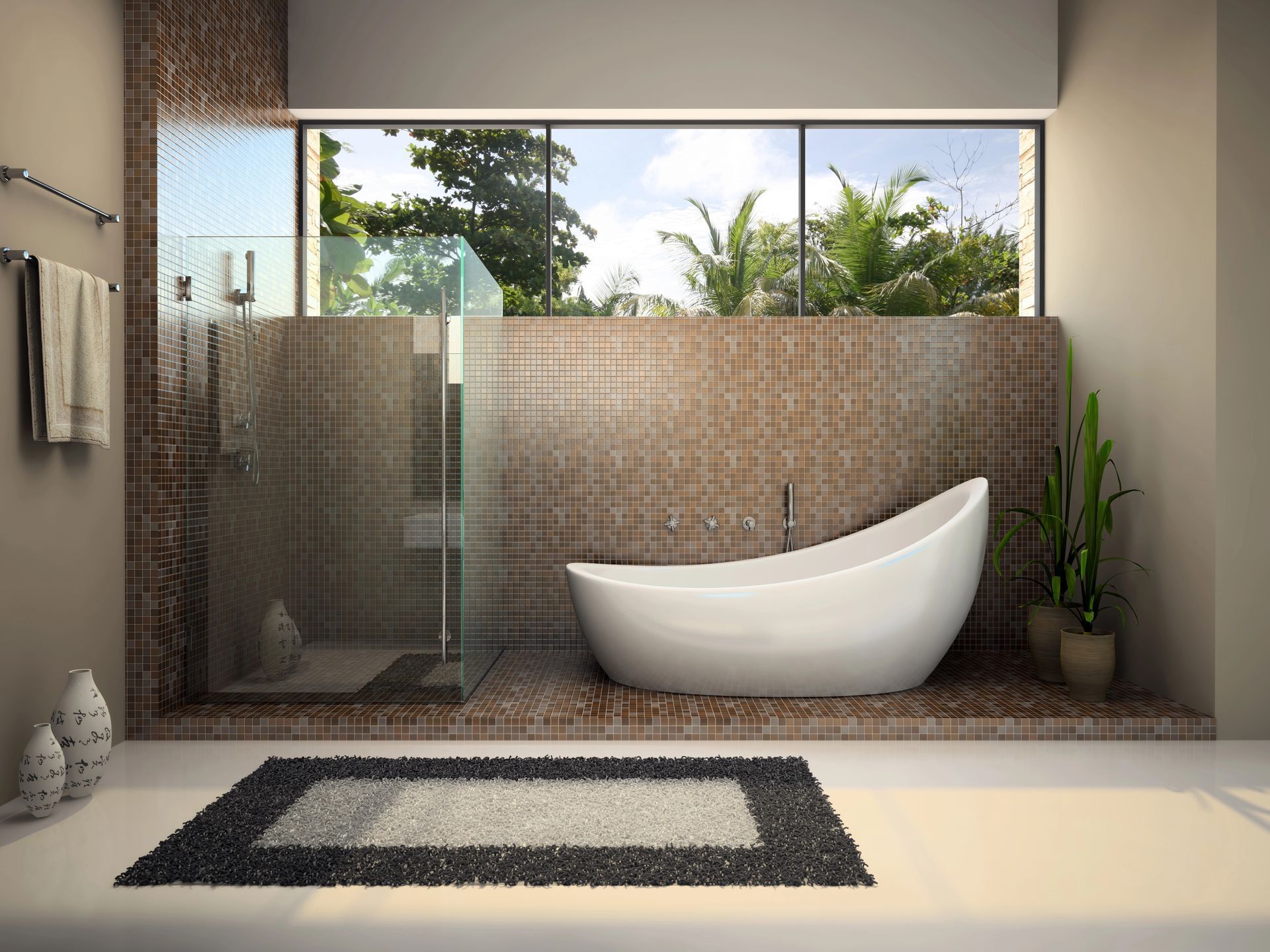 Un bagno moderno è caratterizzato da una vasca da bagno freestanding bianca, una doccia con box in vetro e una parete rivestita con piastrelle marroni a rilievo.