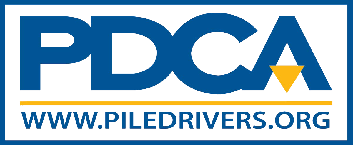 A blue and yellow logo for pdca www.piledrivers.org