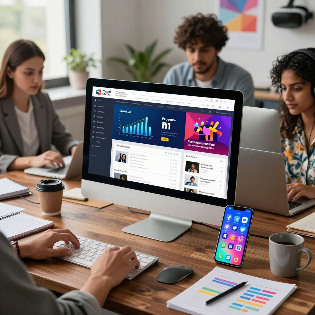 Vier mensen werken aan een houten tafel met laptops en een monitor waarop een bedrijfsdashboard wordt weergegeven in een moderne kantoorruimte.