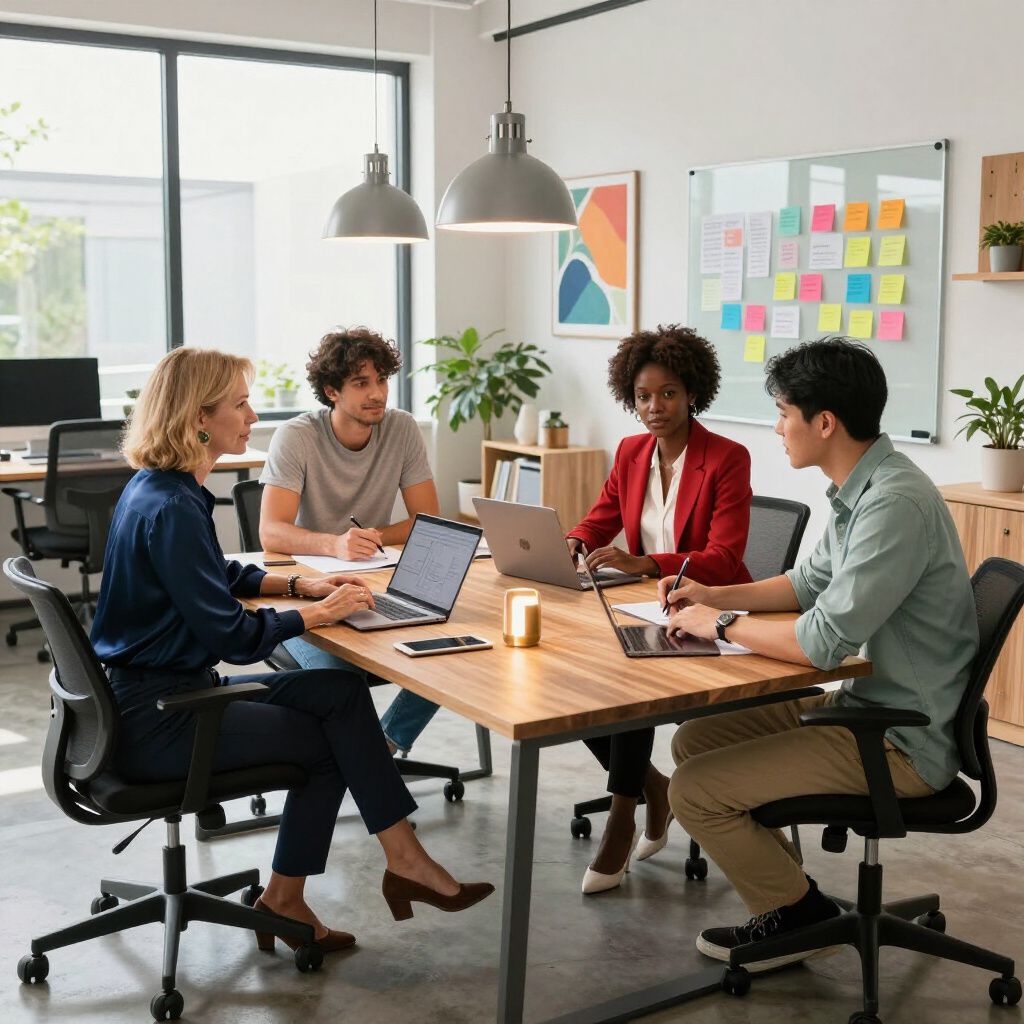Vier mensen werken samen aan een houten tafel in een kantoor, waarbij ze laptops gebruiken en documenten bekijken.