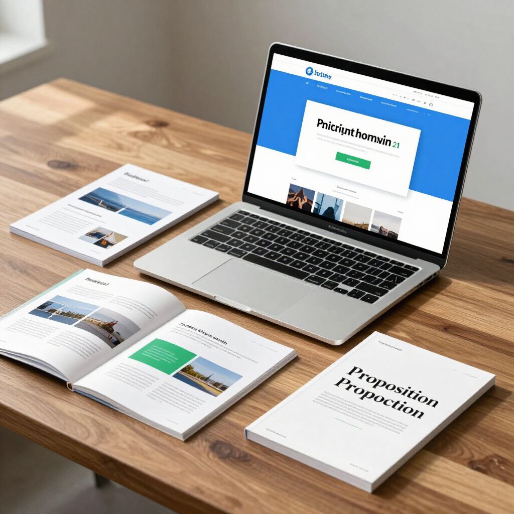 Op een houten bureau staat een laptop met een webpagina, naast een stapel boekjes en een open brochure.