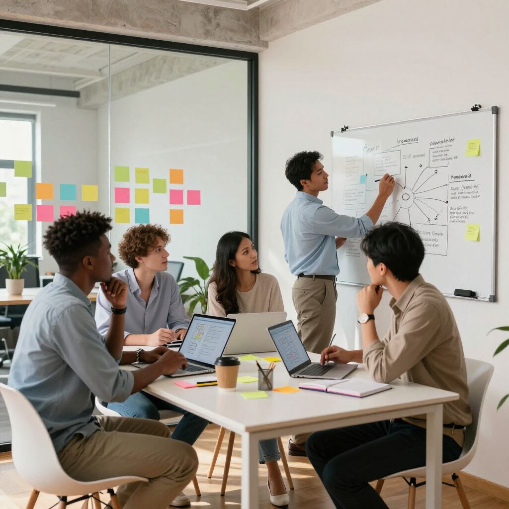 Een team werkt samen in een modern kantoor, waarbij één persoon op een whiteboard tekent terwijl anderen aan een tafel met laptops werken.