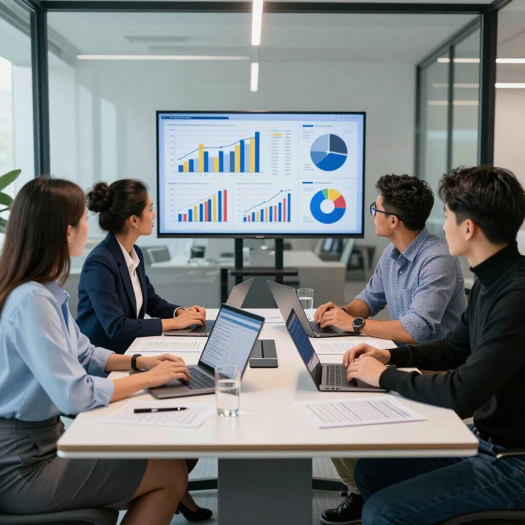 Vier professionals werken samen rond een vergadertafel in een kantoor en bekijken zakelijke grafieken op een groot digitaal scherm.