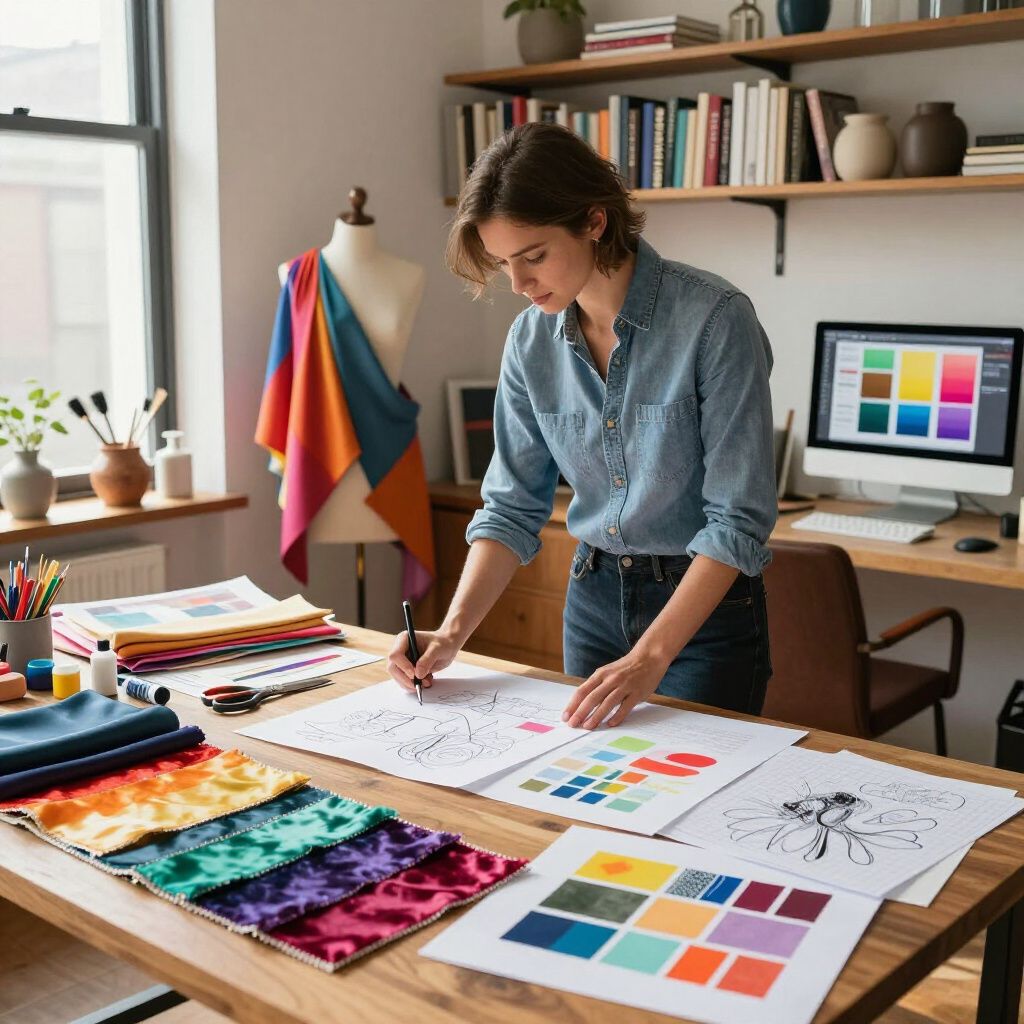 Een modeontwerper maakt schetsen op papier aan een houten bureau vol kleurrijke stofstalen en ontwerptekeningen.