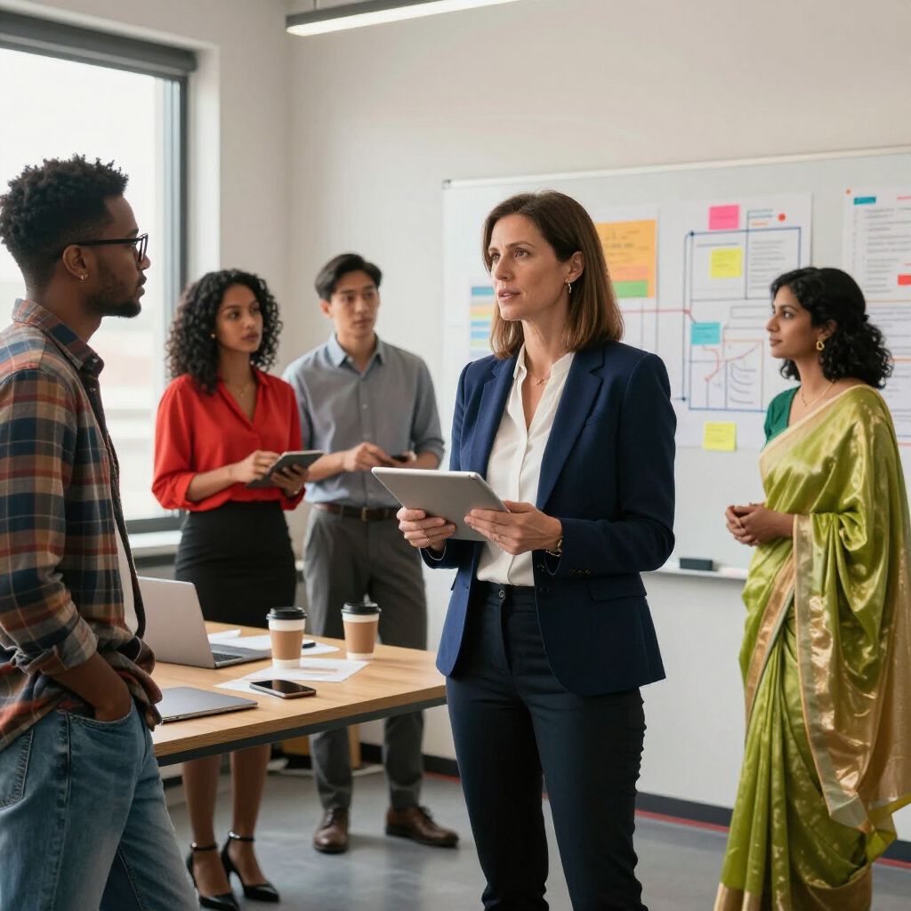 Een vrouw spreekt een divers team toe in een licht kantoor, waar collega's rond een vergadertafel en een whiteboard staan.